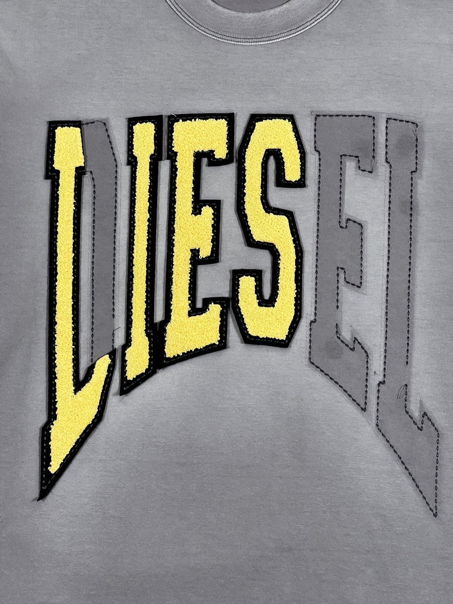 Grey DIESEL T-WASH-N T-SHIRT with the word "DIESEL" printed in large, yellow and black lettering.