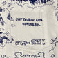 Crafted from white rayon and Tencel fabric adorned with blue doodles, the Domrebel Bearing Camp Collar Shirt in Beige by DOM REBEL features a short sleeve design and a stylish pocket with the text "JUST BEARIN' WITH OOMREBEL" and "UH-OH!" Its distinctive style makes it perfect for a casual day out.