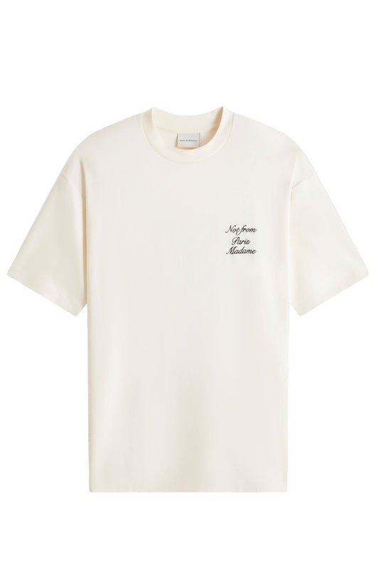 A Drole De Monsieur white cotton interlock t-shirt with an embroidered logo and a ribbed neckline on it.