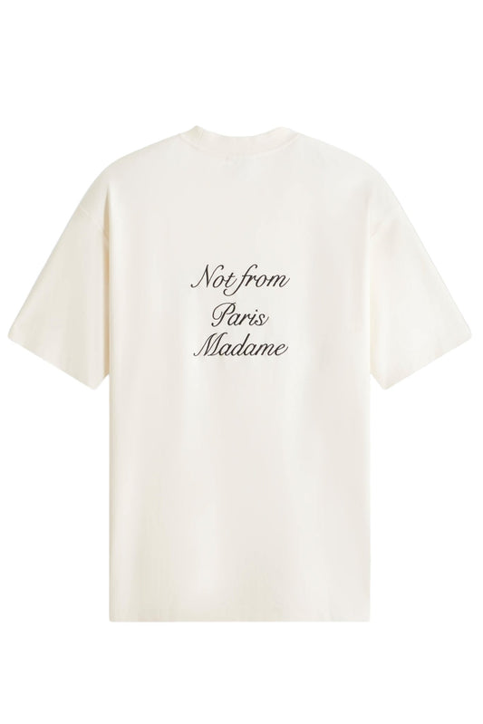 A white cotton interlock DROLDE DE MONSIEUR D-TS198-CO002-CM t-shirt that says not from the madness, featuring a ribbed neckline.