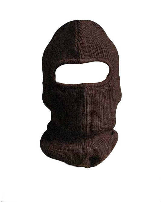 A brown, knitted DROLE DE MONSIEUR ski mask made of merino wool on a white background.
