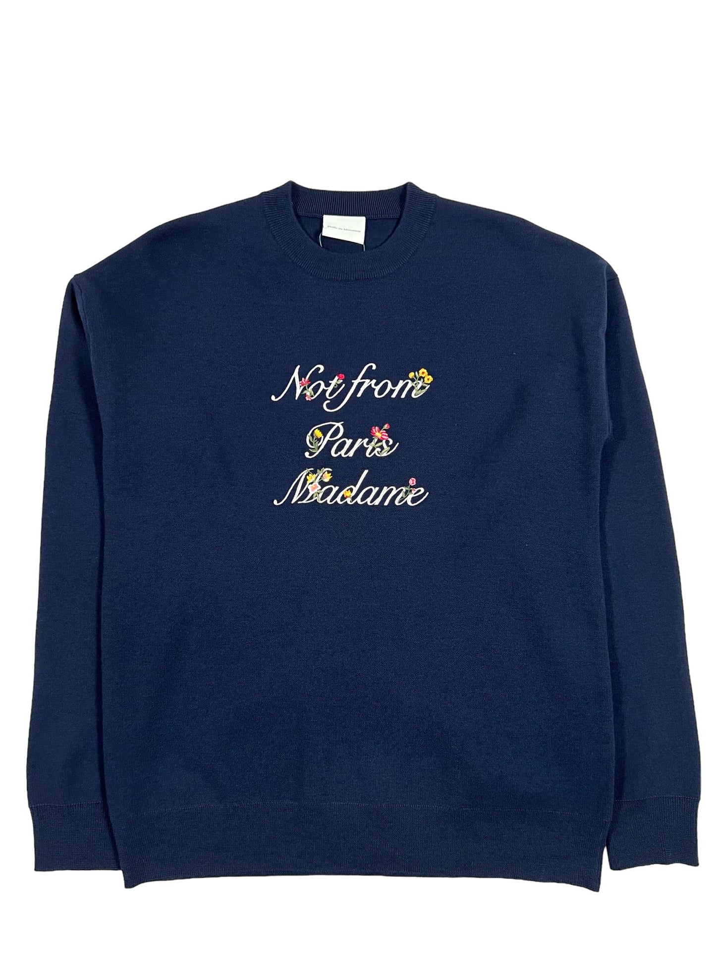 A DROLE DE MONSIEUR sweatshirt C-PO133-WO007-NY La Maille Slogan Fleurs Navy with the words 'not for the machine' embroidered on it.