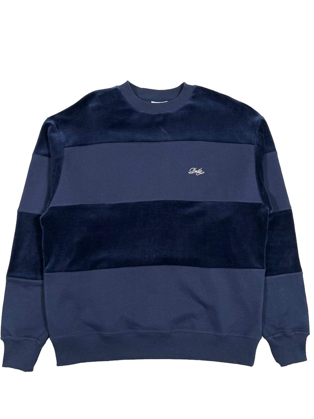 A navy DROLE DE MONSIEUR French Terry sweatshirt with a black and white stripe.