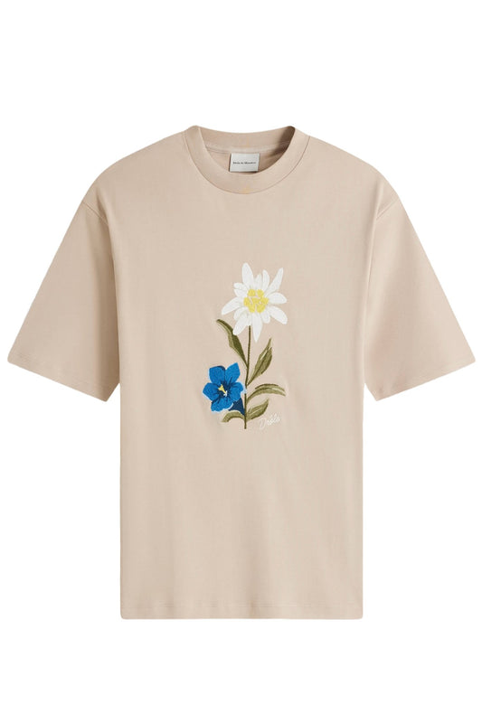 A DROLE DE MONSIEUR t-shirt with blue and white flowers on it, featuring an embroderie design.