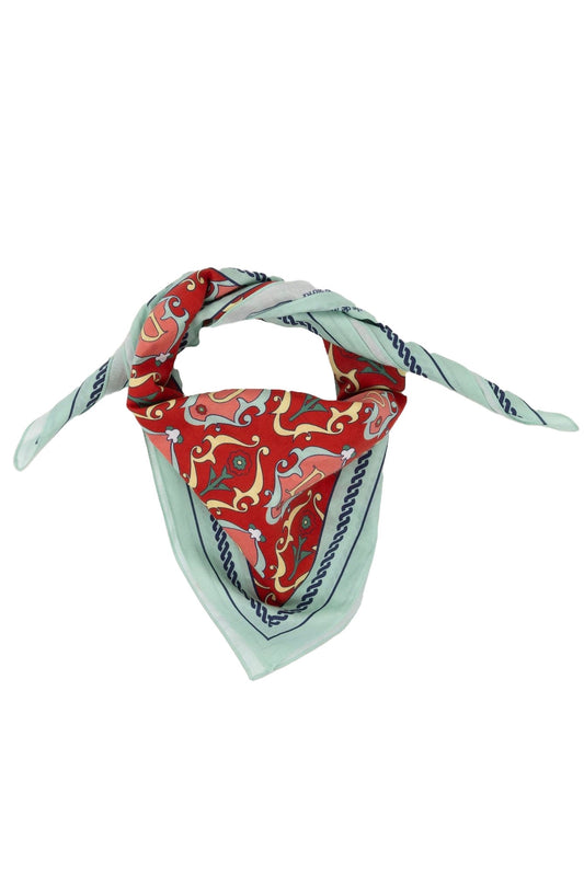 Printed DROLE DE MONSIEUR D-BA002-CO128-RD LE FOULARD ORNEMENTS SCARF with ornaments pattern isolated on a white background.