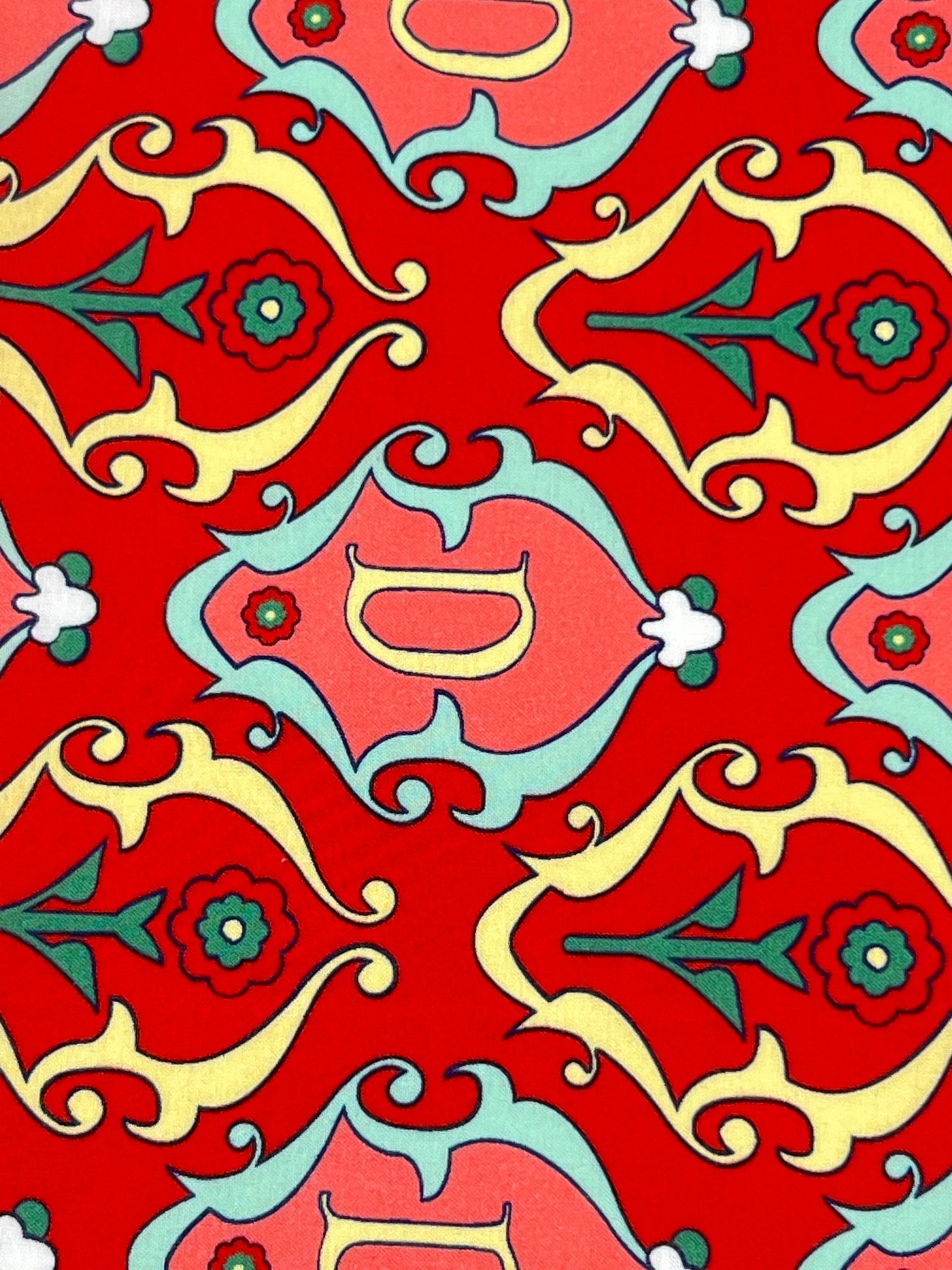 Colorful patterned DROLE DE MONSIEUR D-BA002-CO128-RD LE FOULARD ORNEMENTS scarf with floral and swirly designs on a red background.