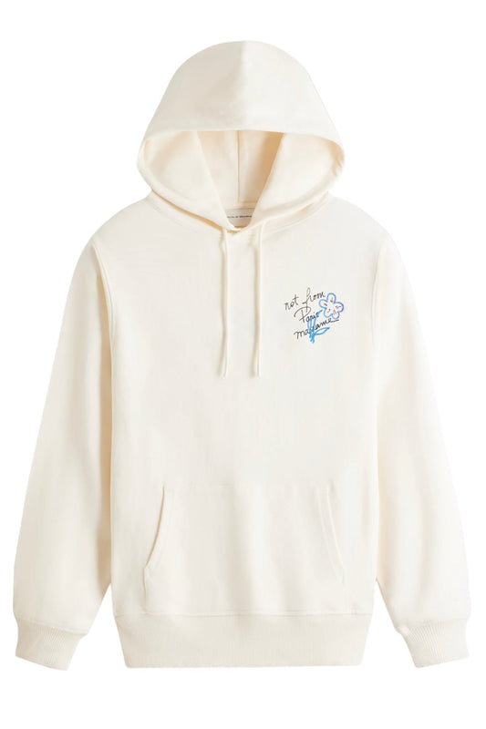 A white DROLE DE MONSIEUR D-HO150-CO127-CM LE HOODIE SLOGAN CREAM with an embroidered blue bird on it.
