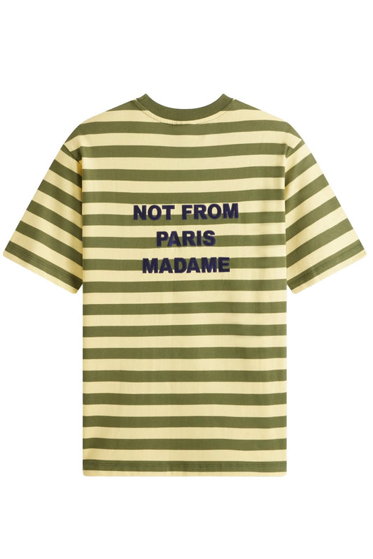 Hot from Paris, DROLE DE MONSIEUR striped tee with embroidered ribbed neckline.