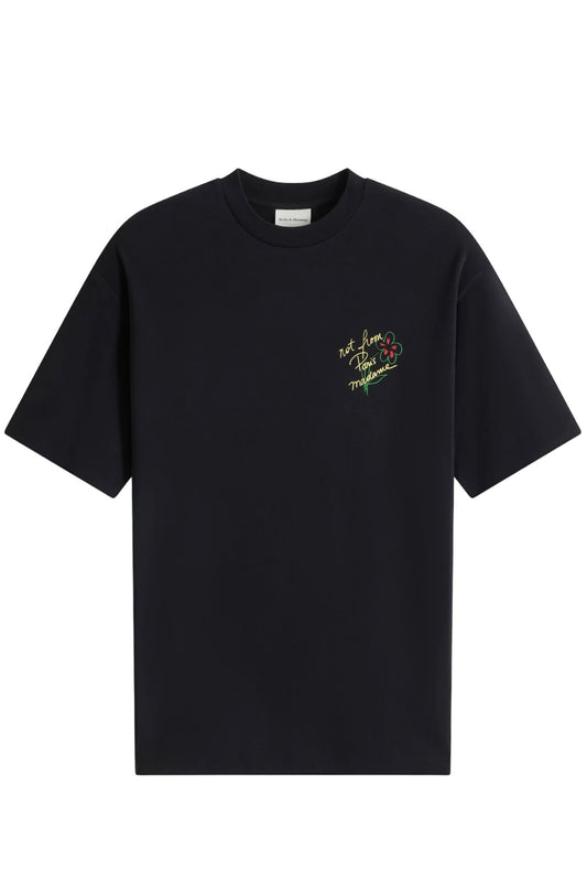 A black DROLE DE MONSIEUR D-TS188-CO002 LE T-SHIRT ESQUISEE BLK made of cotton interlock fabric with an embroidered flower on it.