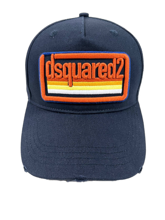 A DSQUARED2 baseball cap in navy blue with the word DSQUARED2 on it.