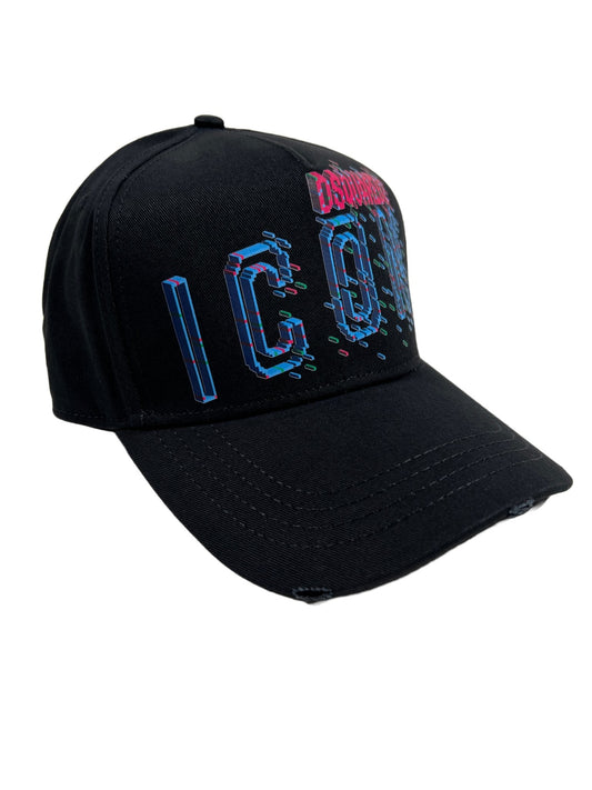 A black DSQUARED2 BCM0717 baseball cap with the word icon embroidered on it.