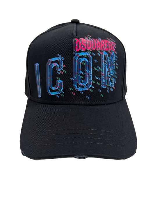 A black DSQUARED2 BCM0717 baseball cap with the words 'drunken icon' embroidered on it.