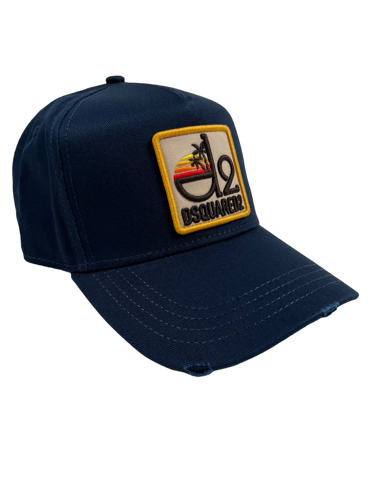 A DSQUARED2 BCM0802 TROPICAL BASEBALL CAP GABARDINE-NAVY hat with a palm tree patch on it.