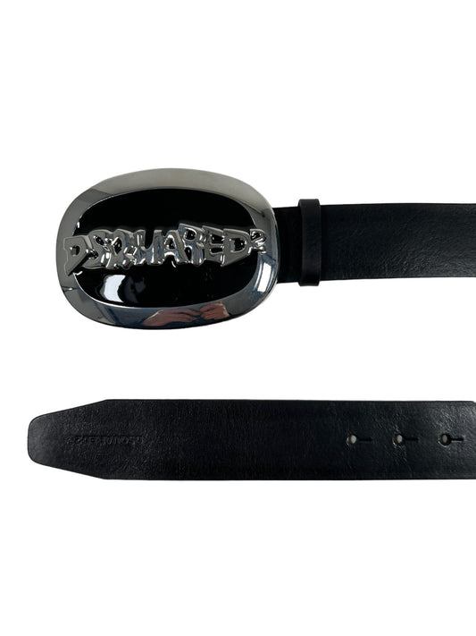 A black DSQUARED2 BEM0293 leather belt with a silver buckle, made in Italy.