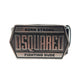 A DSQUARED2 BEM0549 PLAQUE BELT BLACK with a big buckle that says "born strong DSQUARED2 fighting dude.