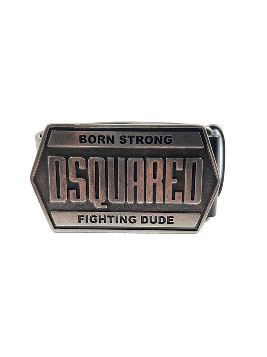 A DSQUARED2 BEM0549 PLAQUE BELT BLACK with a big buckle that says "born strong DSQUARED2 fighting dude.