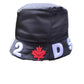 The Dsquared2 Ham0031 hat, made in Italy by DSQUARED2, showcases a black design with a red maple leaf and prominent white "D2" letters on the front.