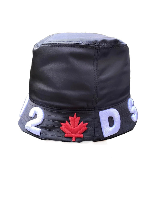 A black DSQUARED2 HAM0031 HAT-NYLON DSQUARED2-NERO-BIANCO-ROSSO embroidered bucket hat with a red maple leaf on it, Made In Italy.