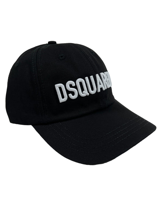 A black, embroidered DSQUARED2 hat with the word DSQUARED2 on it, exuding urban sophistication.