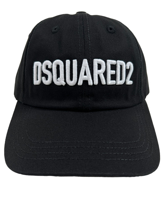 A black embroidered DSQUARED2 hat with the word DSQUARED2 on it, exuding urban sophistication.