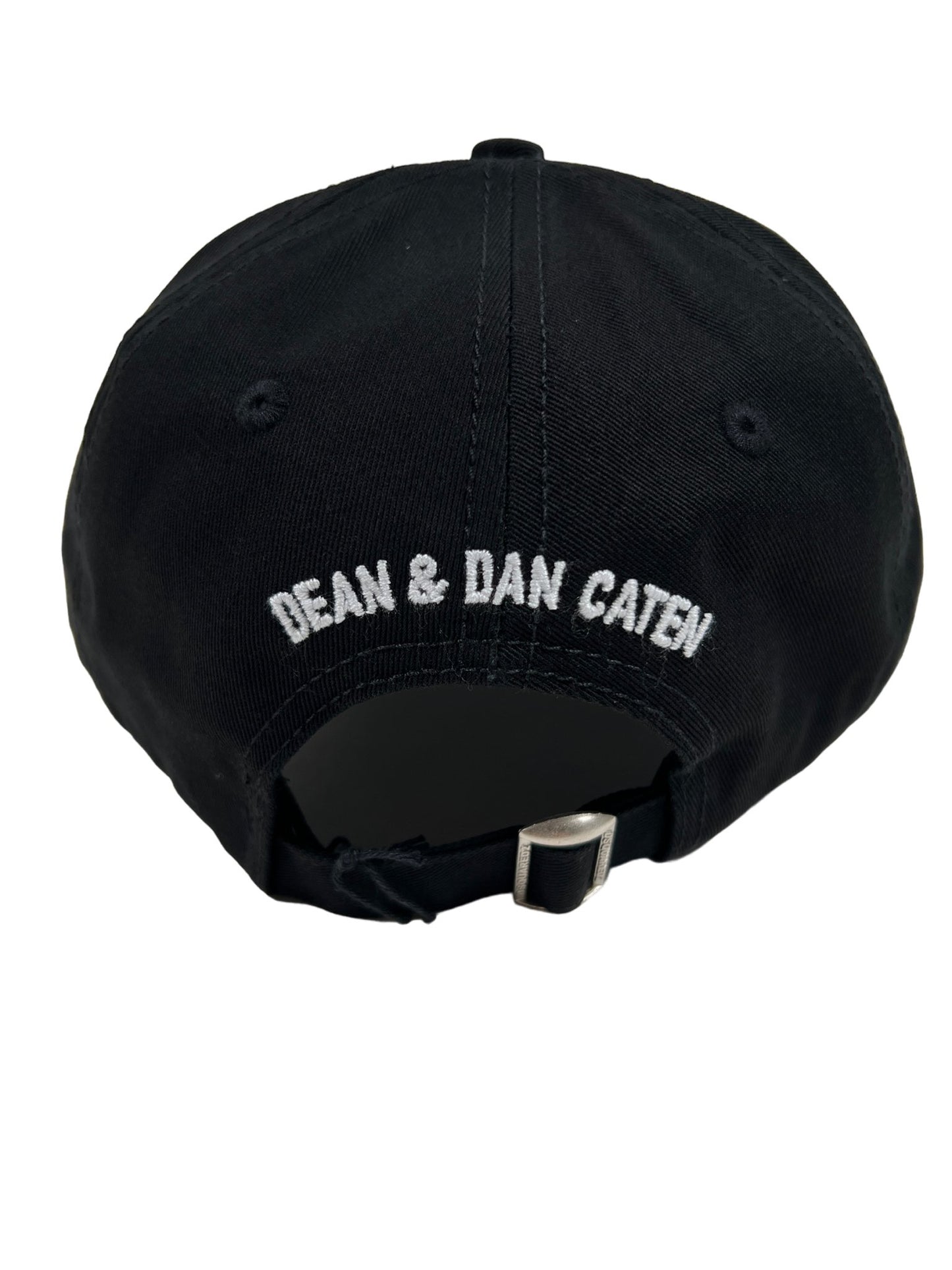 A black DSQUARED2 HAT BCM0714 Logo Baseball Cap with the words 'rean & dan caeder' embroidered on it.
