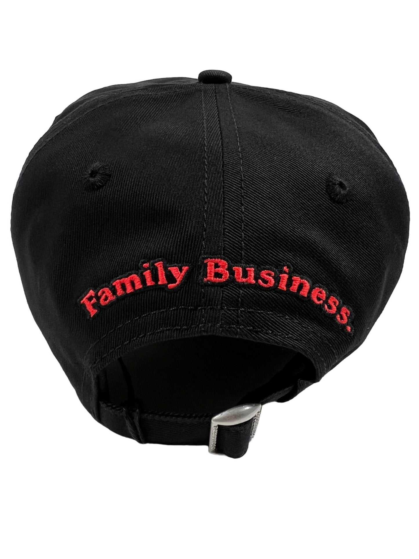 A black DSQUARED2 hat with the word family business on it.