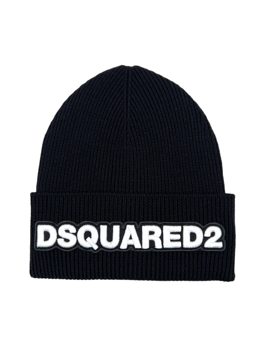 A black wool beanie with the DSQUARED2 KNM0001-M063 KNIT HAT LANA PATCH DSQUARED2 on it.