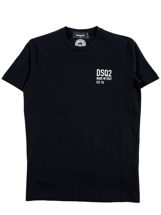 A black cotton t-shirt with the word DSQUARED2 on it, made in Italy.