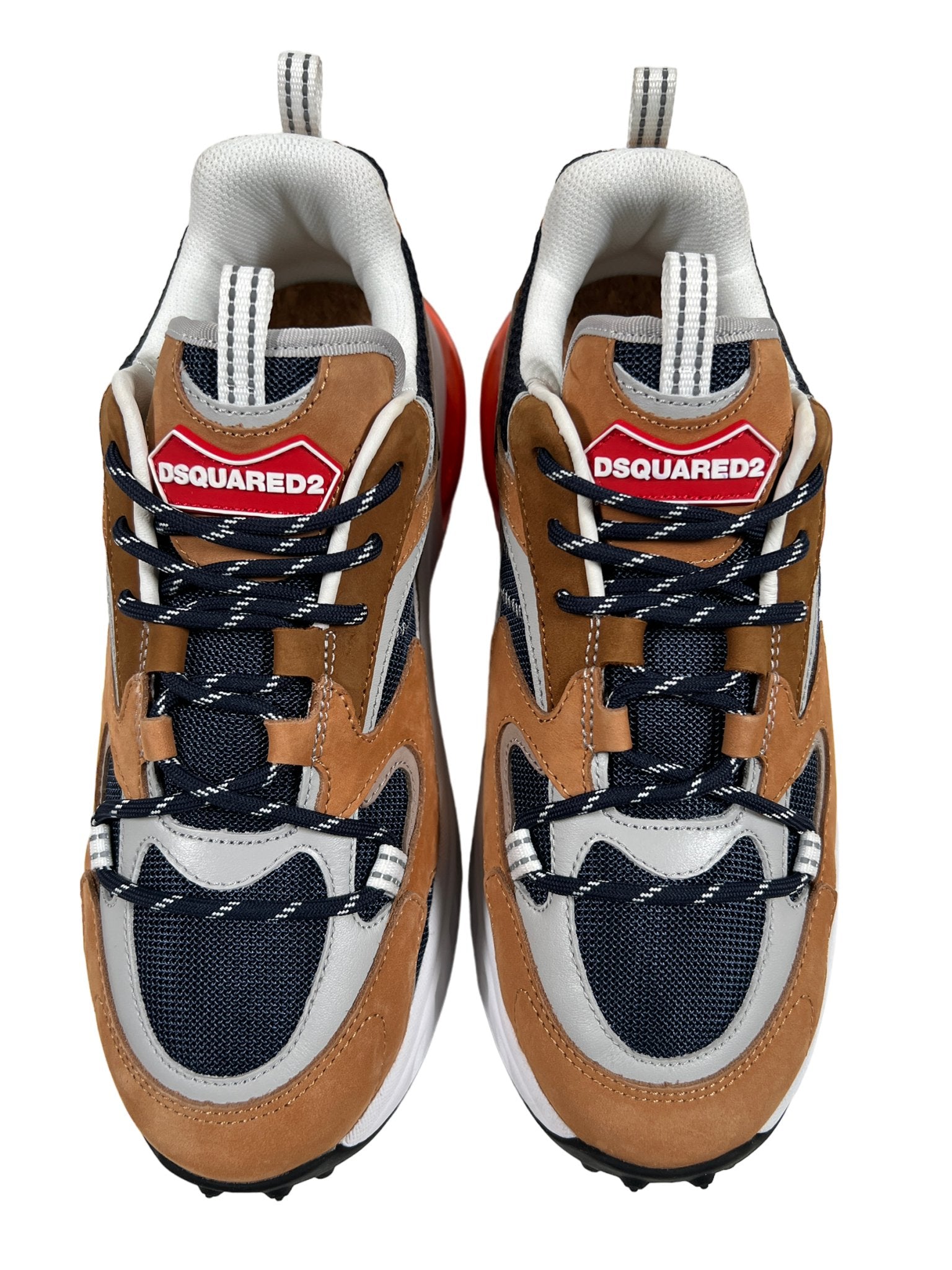 A pair of Dsquared2 SNM0307 sneakers in beige, grey, and blue with mesh and nubuck leather accents, featuring bold red DSQUARED2 logos on the tongue. They have a durable rubber sole, all viewed from above.