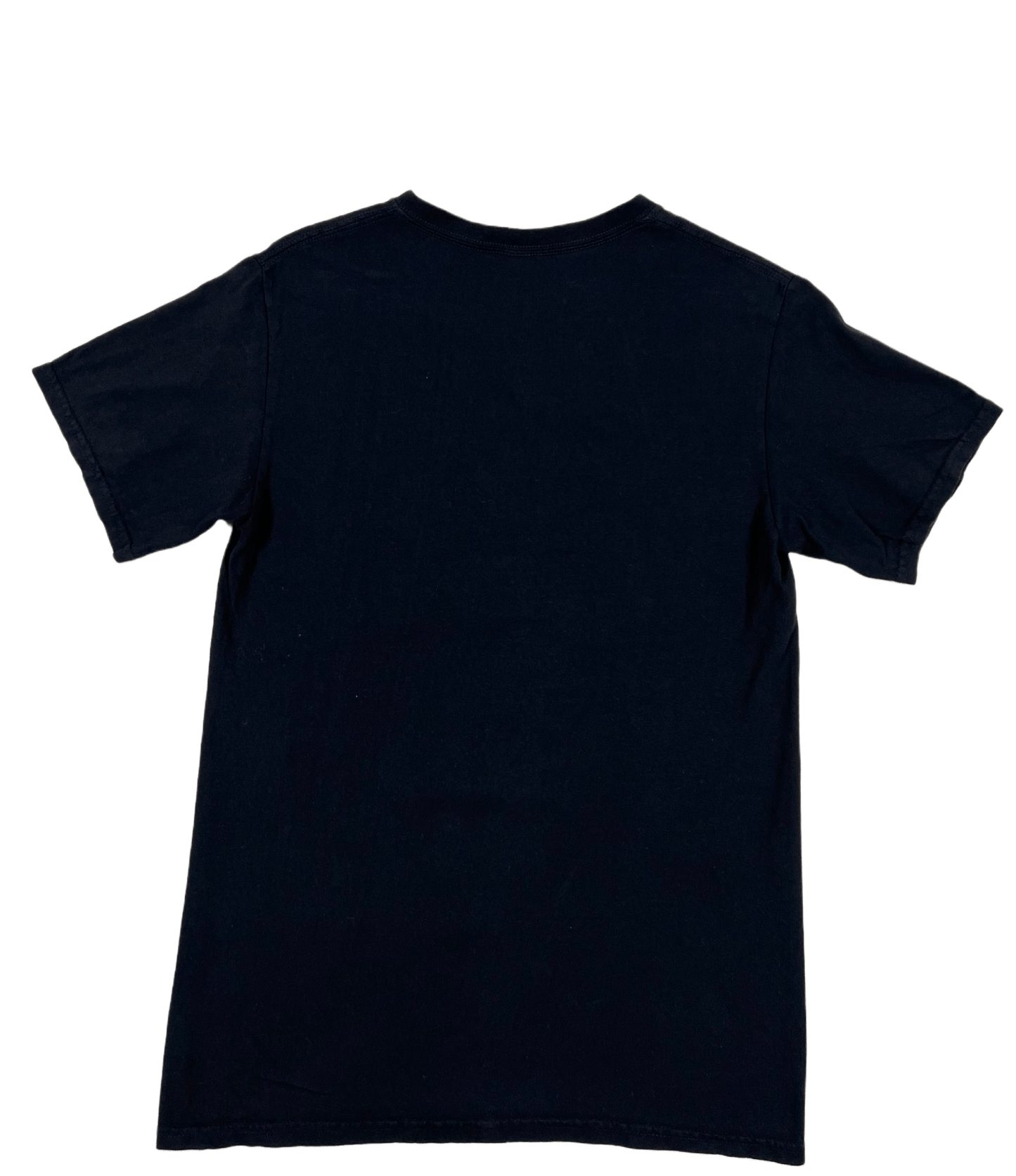 The back of a PLEASURES ENGLISH BREAKFAST T-SHIRT BLACK, printed in USA.