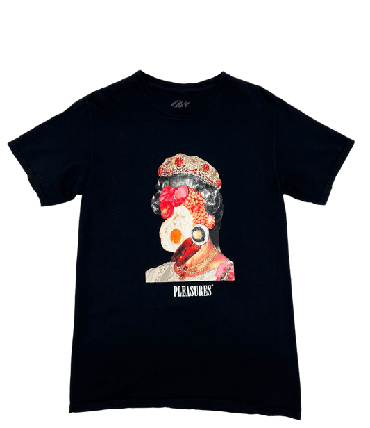 A black PLEASURES 100% cotton t-shirt with a portrait of Queen Elizabeth printed in the USA.
