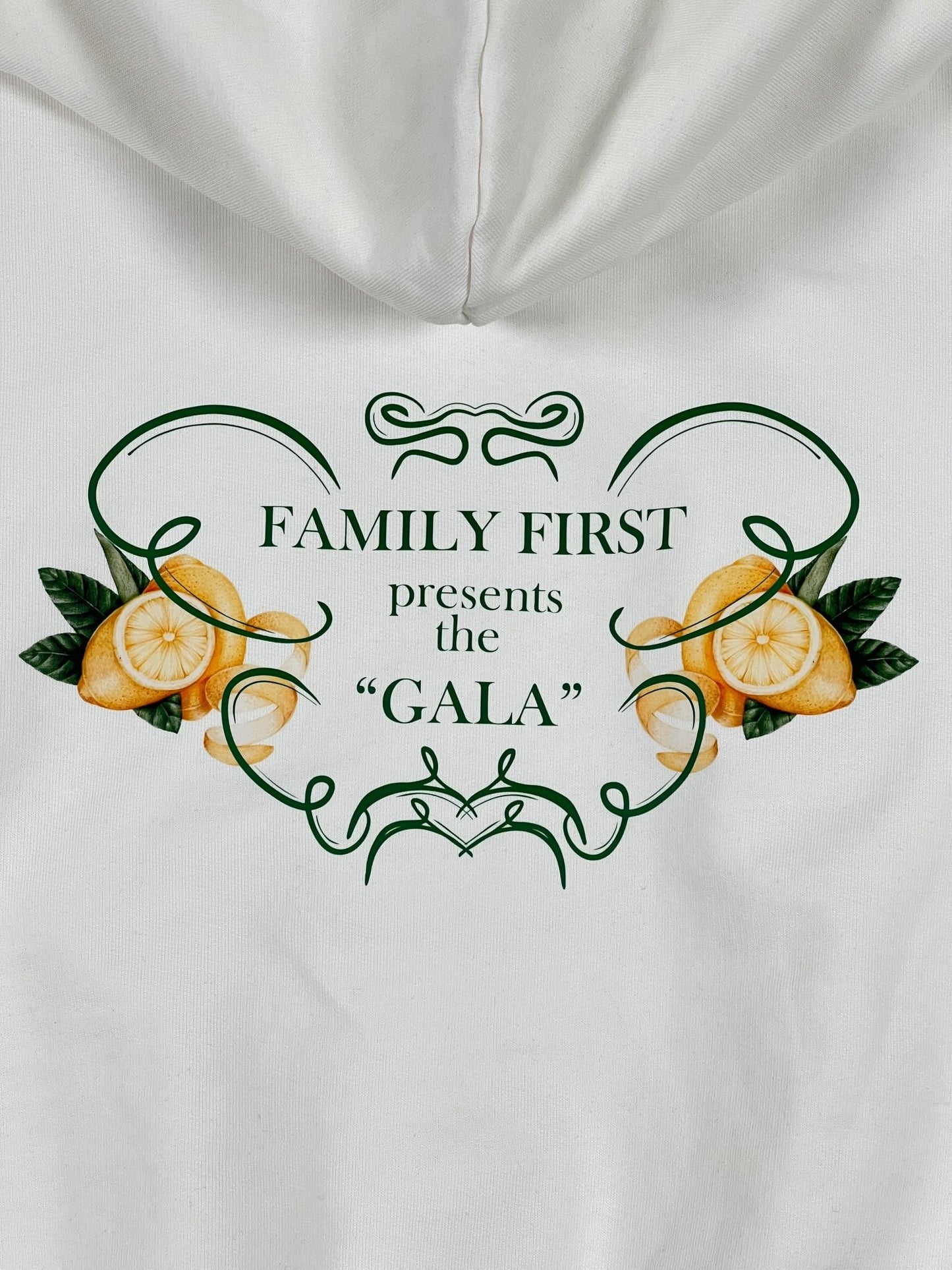 A white graphic hoodie made in Italy with the words FAMILY FIRST HS2319 HOODIE GALA WHITE on it.