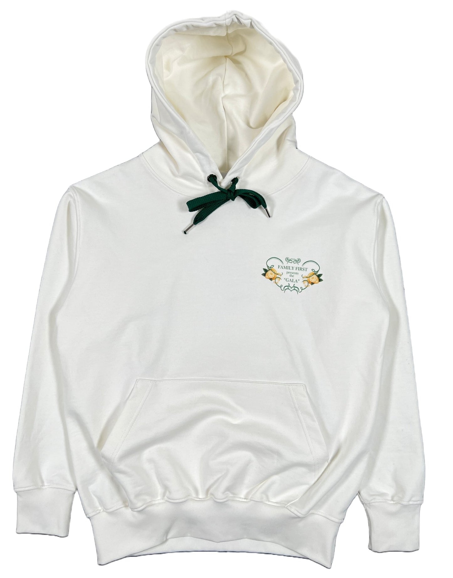 A FAMILY FIRST HS2319 HOODIE GALA WHITE with a green ribbon on it, Made In Italy.