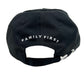A black embroidered hat with the FAMILY FIRST logo on it, symbolizing family pride.