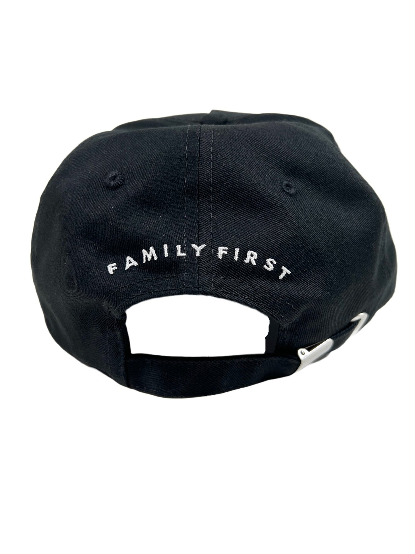 A black embroidered hat with the FAMILY FIRST logo on it, symbolizing family pride.