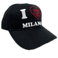 An embroidered black hat with the word "I love Milan" on it, showcasing FAMILY FIRST pride.