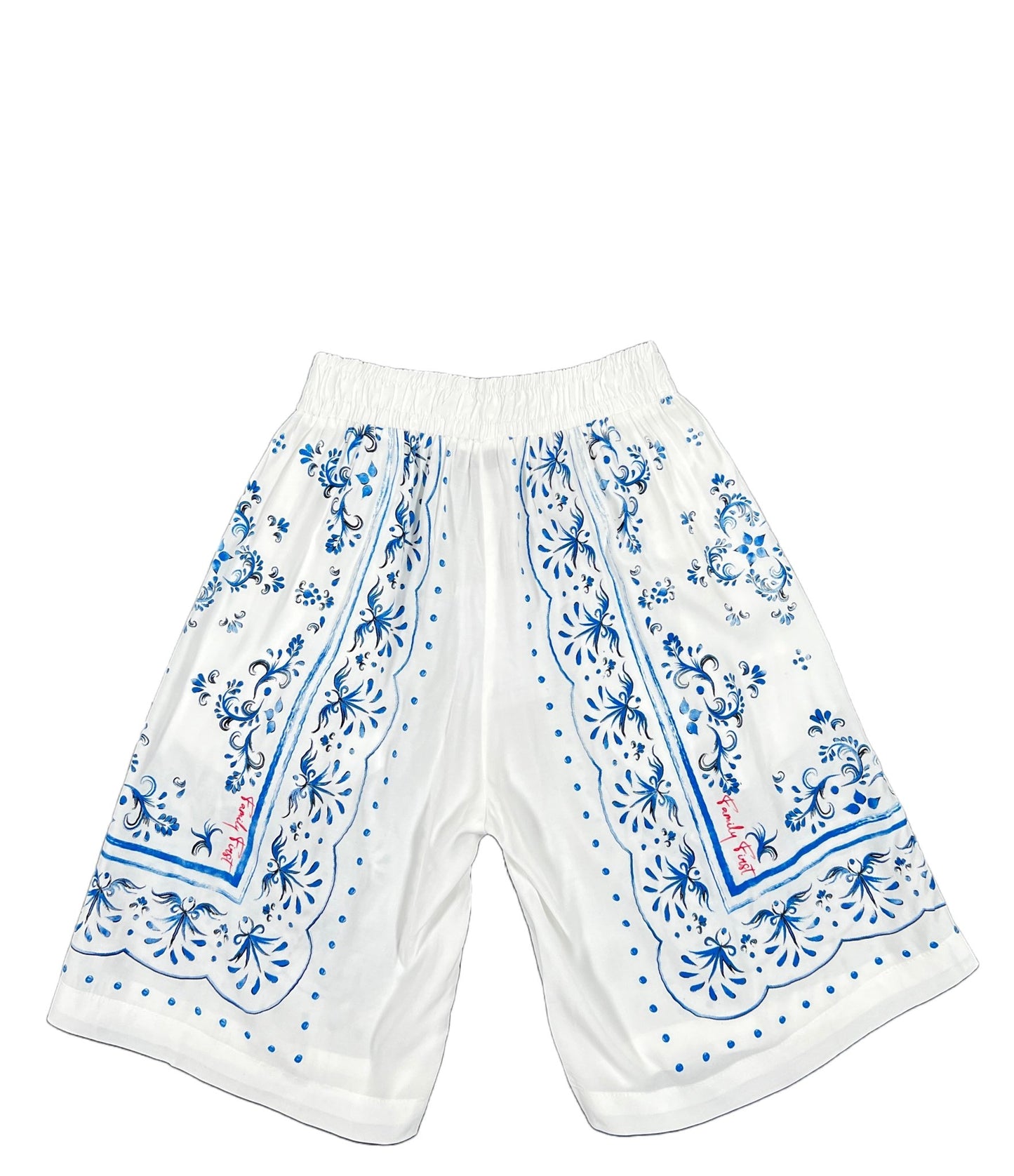 A white and blue FAMILY FIRST PSS2340 SHORT SICILY WHITE with a FAMILY FIRST print all over the floral pattern, Made In Italy.