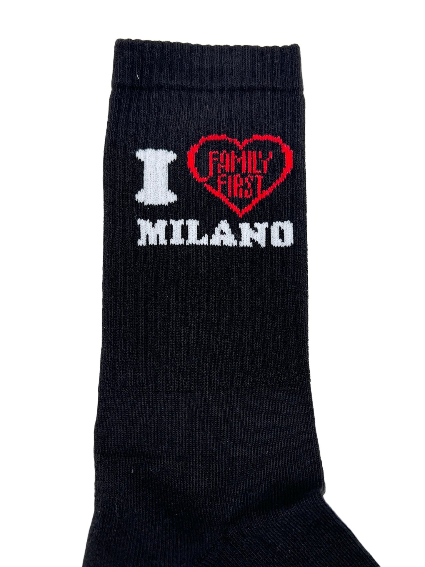 A durable black FAMILY FIRST SF32BK SOCKS SPOON BLACK with the words "I love Milano" on it.