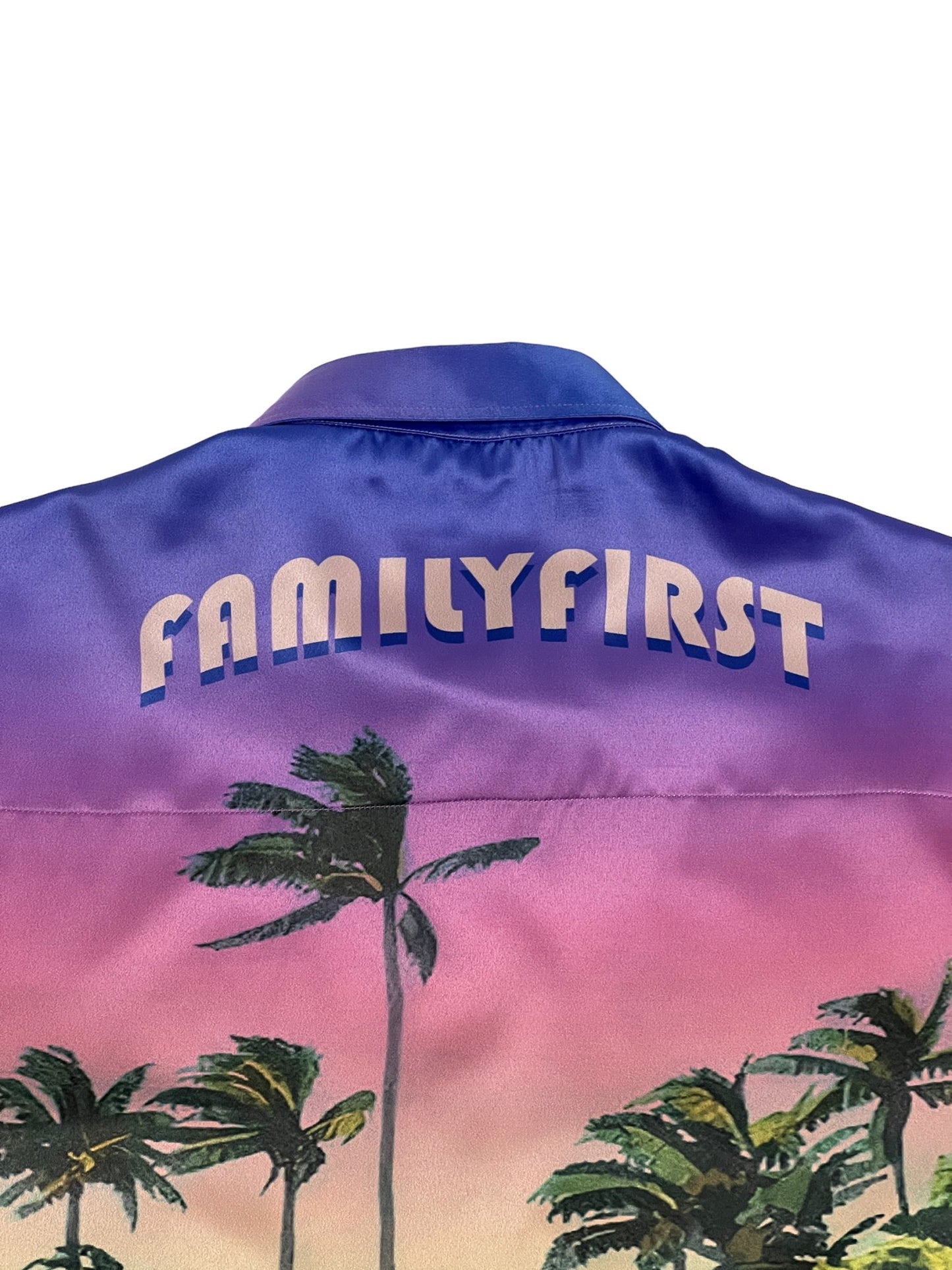 A FAMILY FIRST SHS2406 SHIRT SUNSET MC shirt that says FAMILY FIRST with palm trees in the background, Made In Italy.