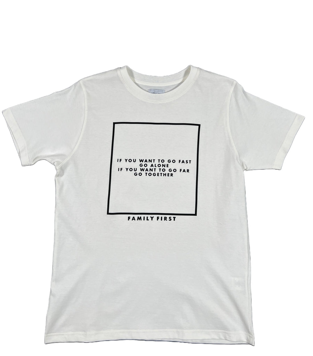 A FAMILY FIRST TF2204WH T-SHIRT ICONIC WHITE with a graphic quote on it.