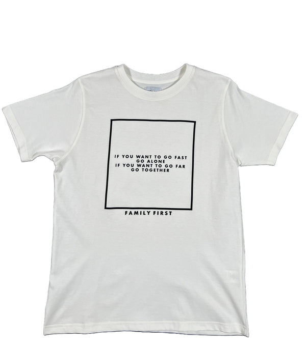 A FAMILY FIRST TF2204WH T-SHIRT ICONIC WHITE with a graphic quote on it.