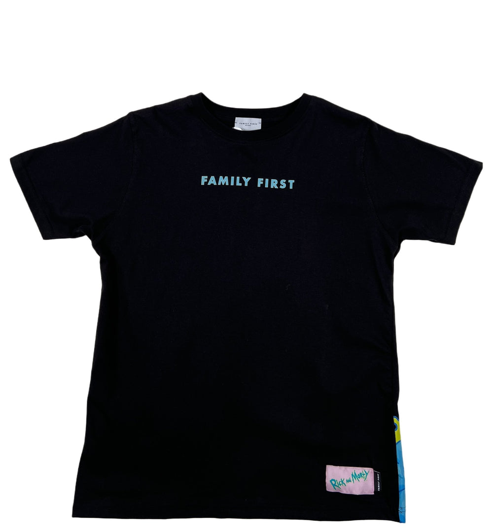 A black graphic t-shirt that says "family first", made in Italy, from FAMILY FIRST brand.