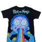 A black, 100% cotton FAMILY FIRST TS2306 T-SHIRT RICK FANTASY BLACK with a cartoon graphic on it.