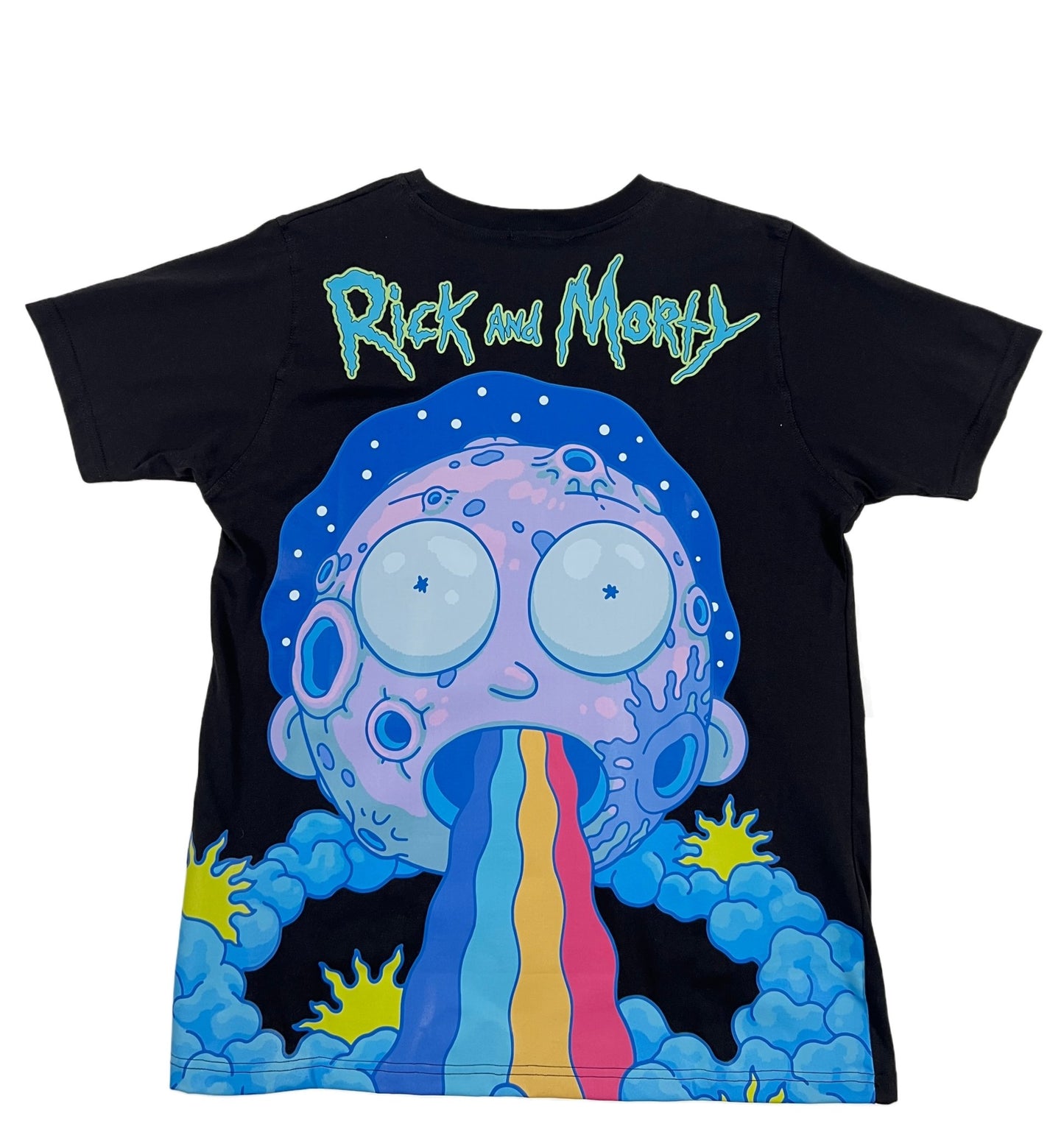 A black, 100% cotton FAMILY FIRST TS2306 T-SHIRT RICK FANTASY BLACK with a cartoon graphic on it.