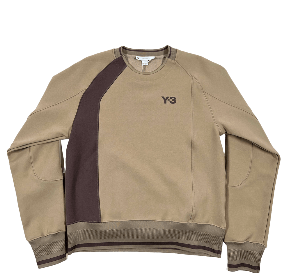A beige and brown polyester Y-3 sweatshirt with the word "ye.
