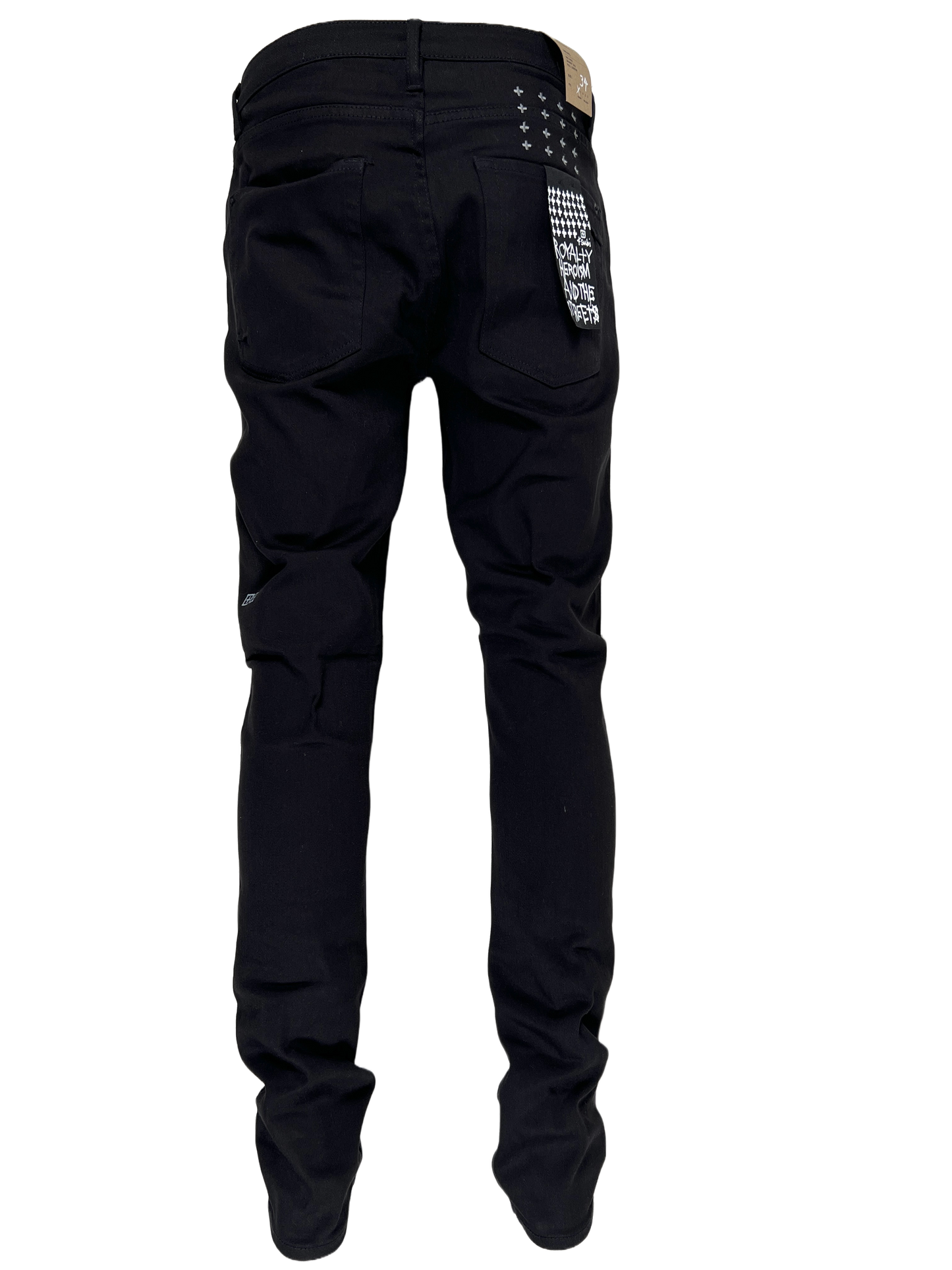 The back view of a pair of black, ripped Ksubi Van Winkle ACE Black Slice jeans.