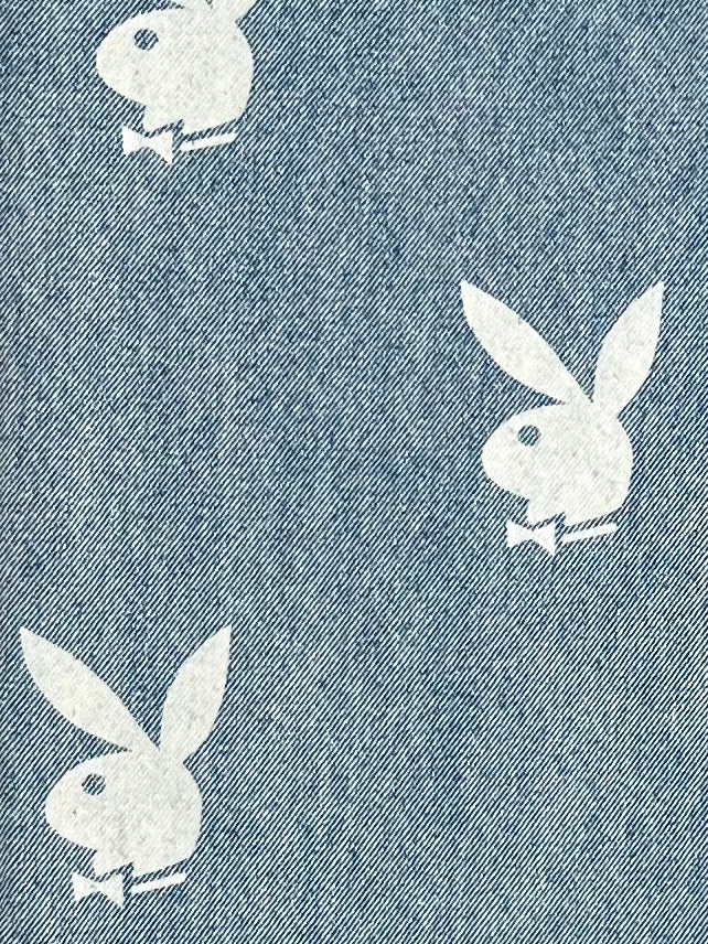 A blue denim shirt with playful PLEASURES Bunny rabbits on it.