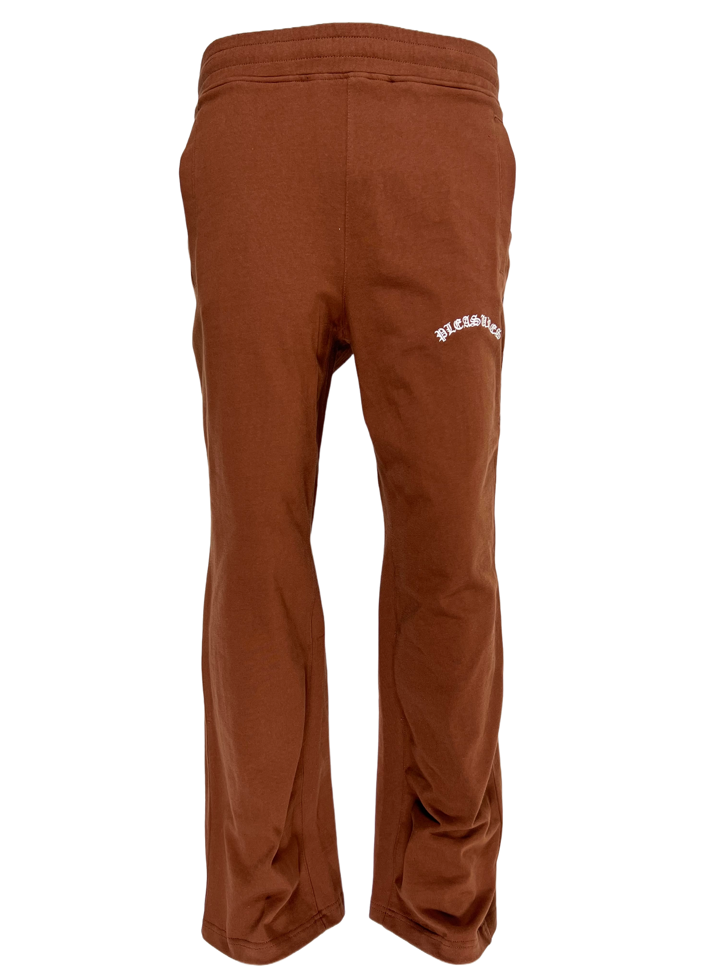 A PLEASURES brown cotton sweatpants with an embroidered leg branding.