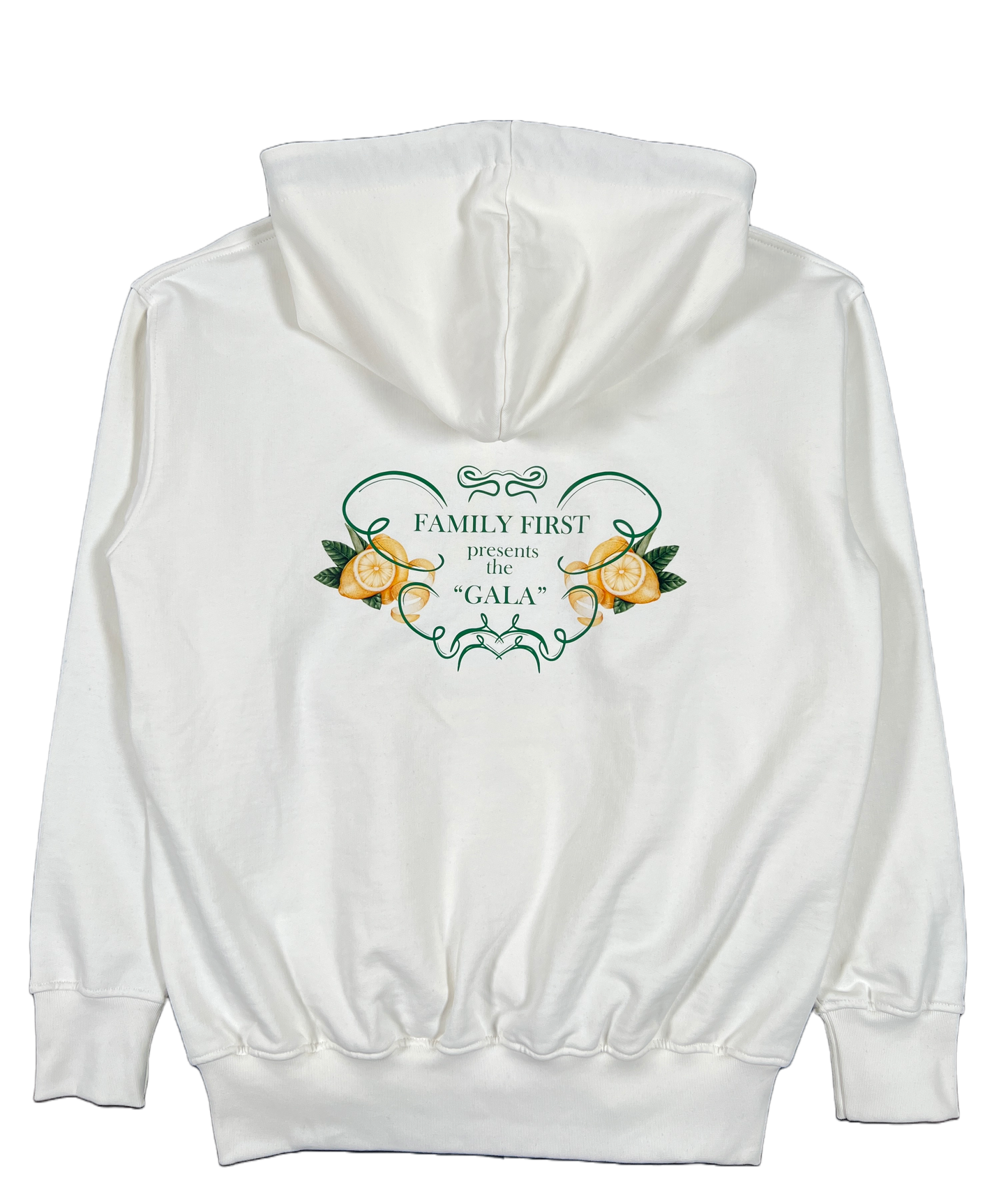 The back of a white graphic FAMILY FIRST HS2319 HOODIE GALA WHITE with "FAMILY FIRST" and a flower on it, Made In Italy.