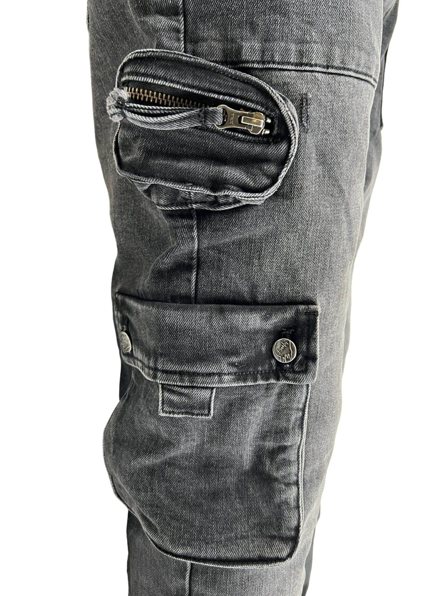 A pair of KSUBI 999 Bronko Cargo Black jeans with a zipper pocket and embroidery branding.